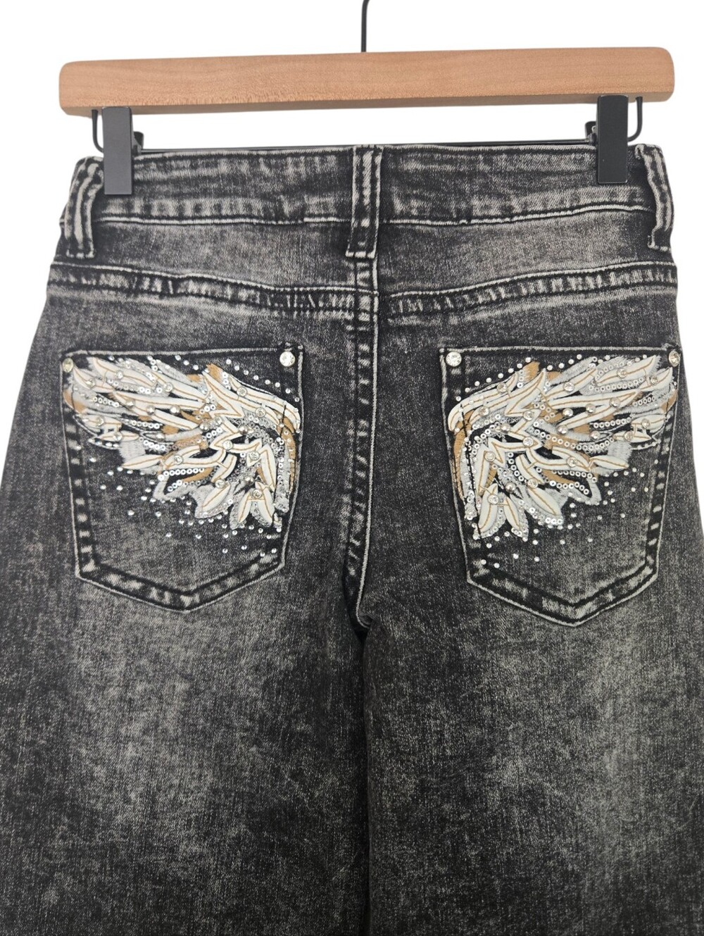 Telepatía Acid Wash Wide Leg Jeans US 7 | Rhinestone Angel Wing - Picture 6 of 7